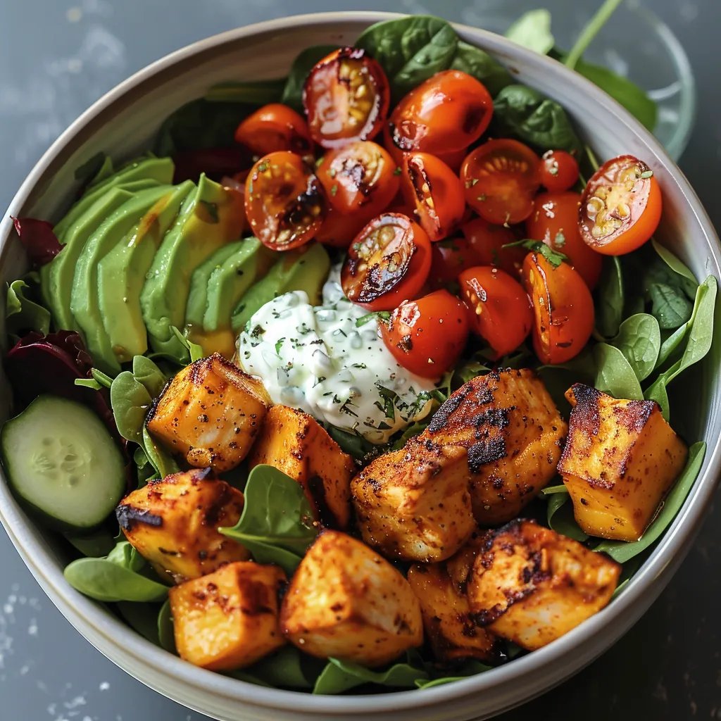 A bowl of food with tomatoes, avocado, and meat.