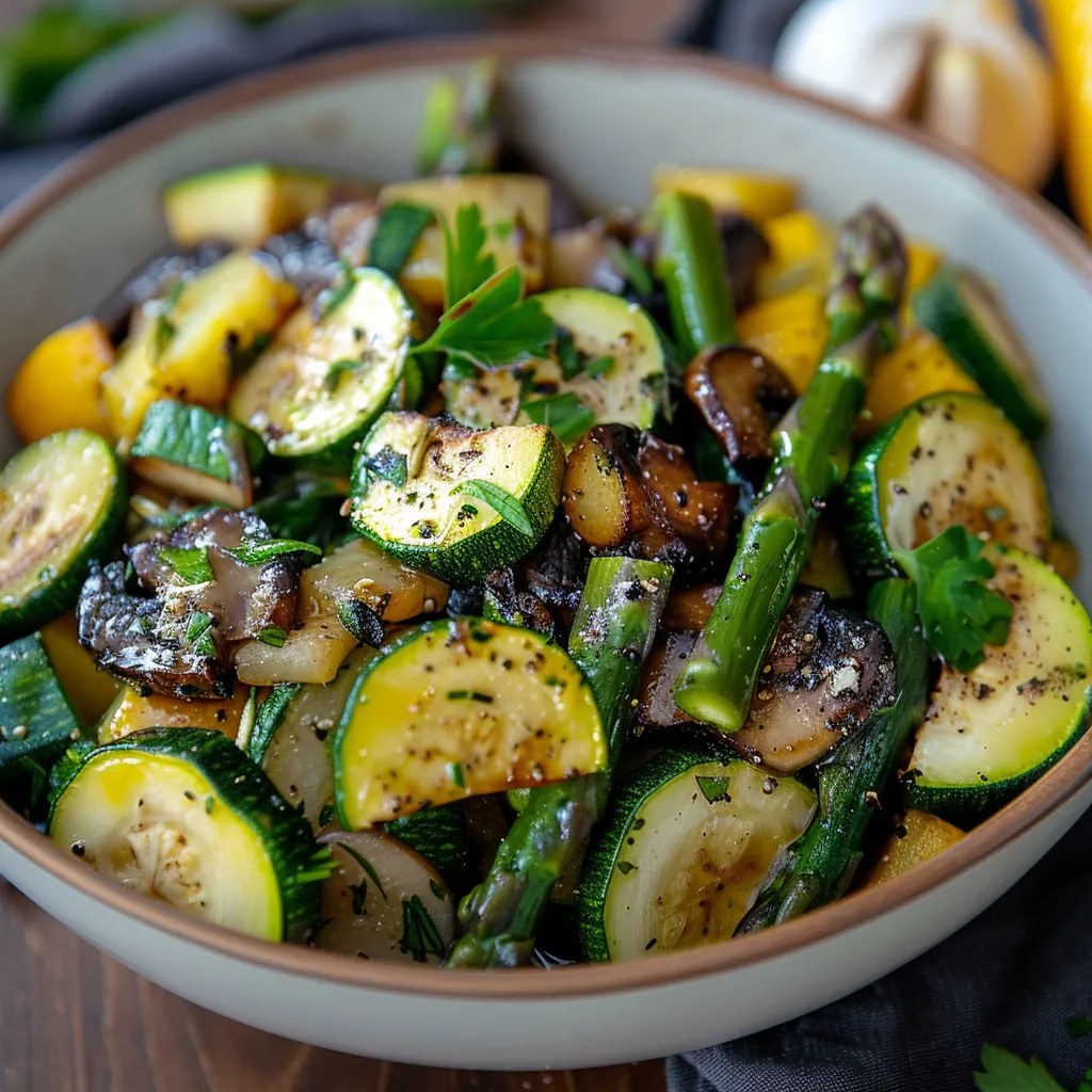 A bowl of vegetables including zucchini, asparagus, and mushrooms.
