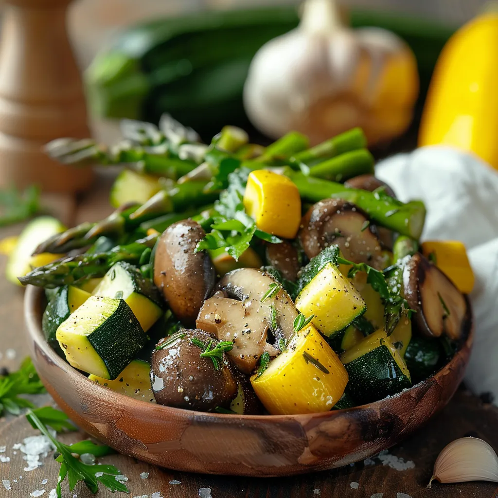 A bowl of vegetables including mushrooms, zucchini, and green onions.