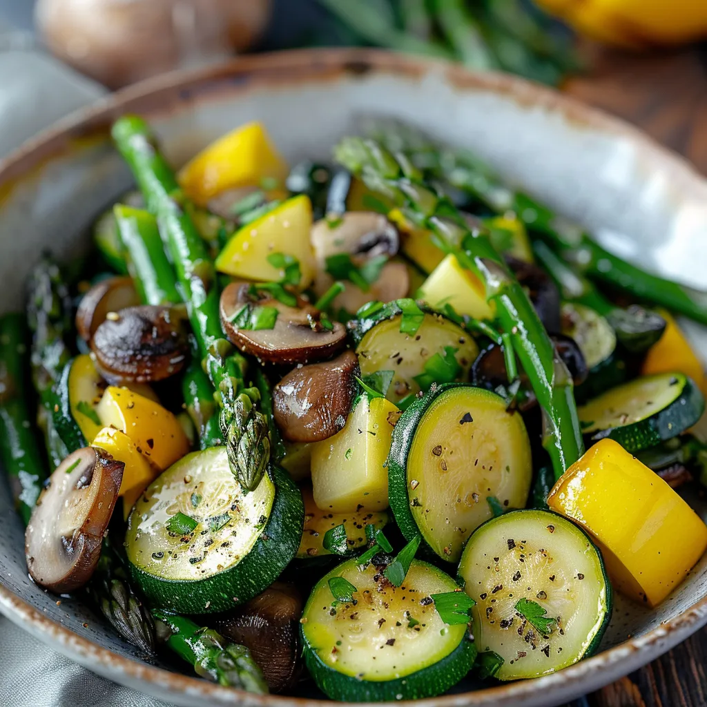 A bowl of vegetables including zucchini, mushrooms, and asparagus.