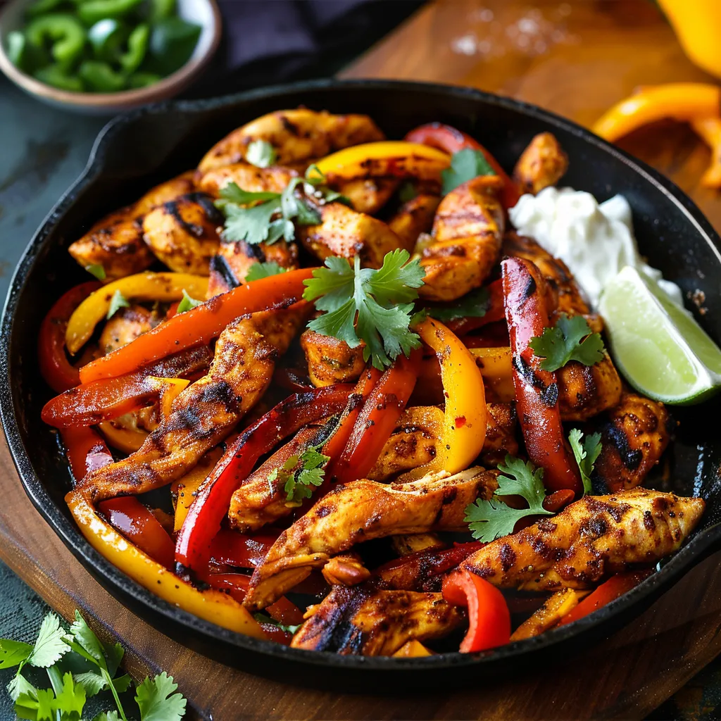 A skillet of chicken with peppers and onions.