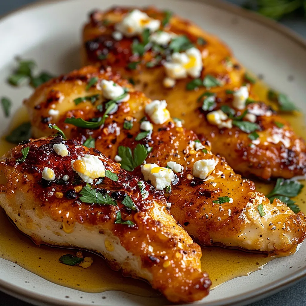 Chicken with sauce and cheese on a plate.