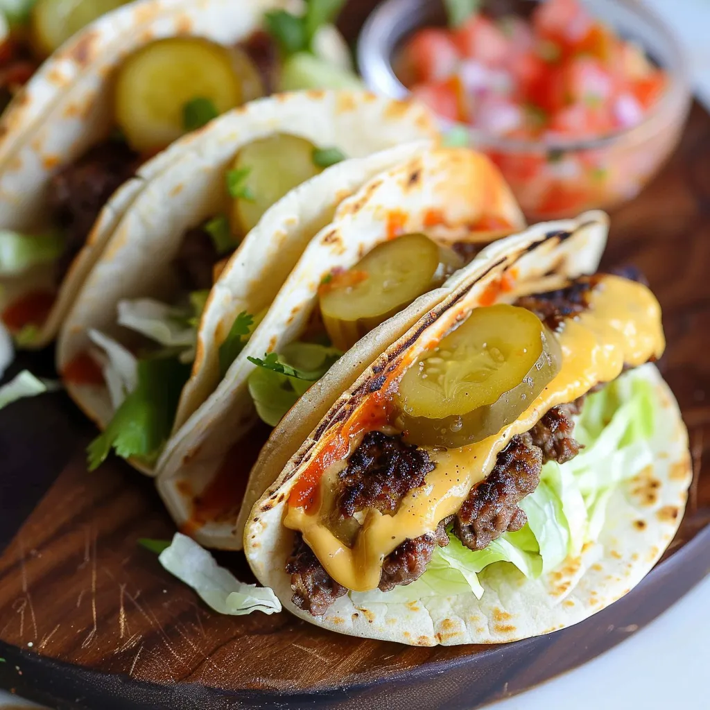 A plate of food with a burger and a pickle.