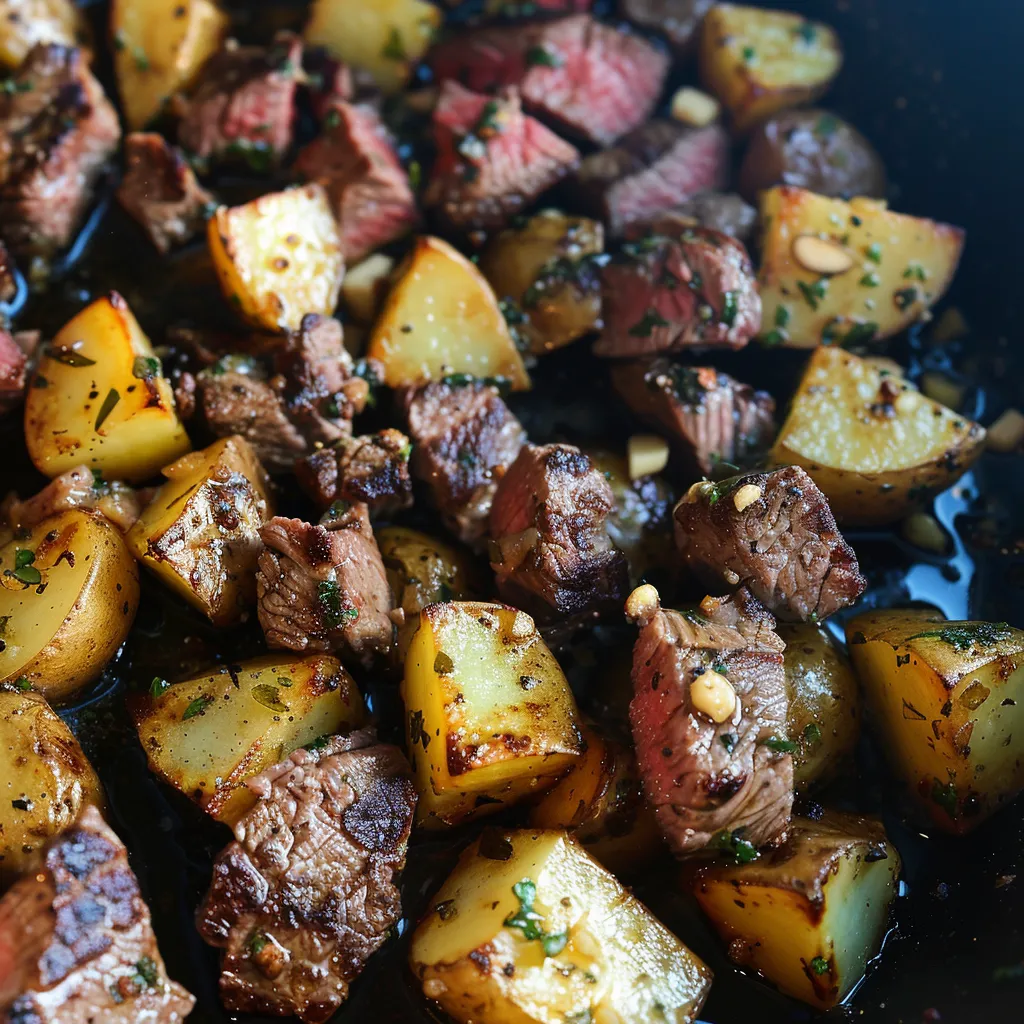 Steak and potatoes in a pan.