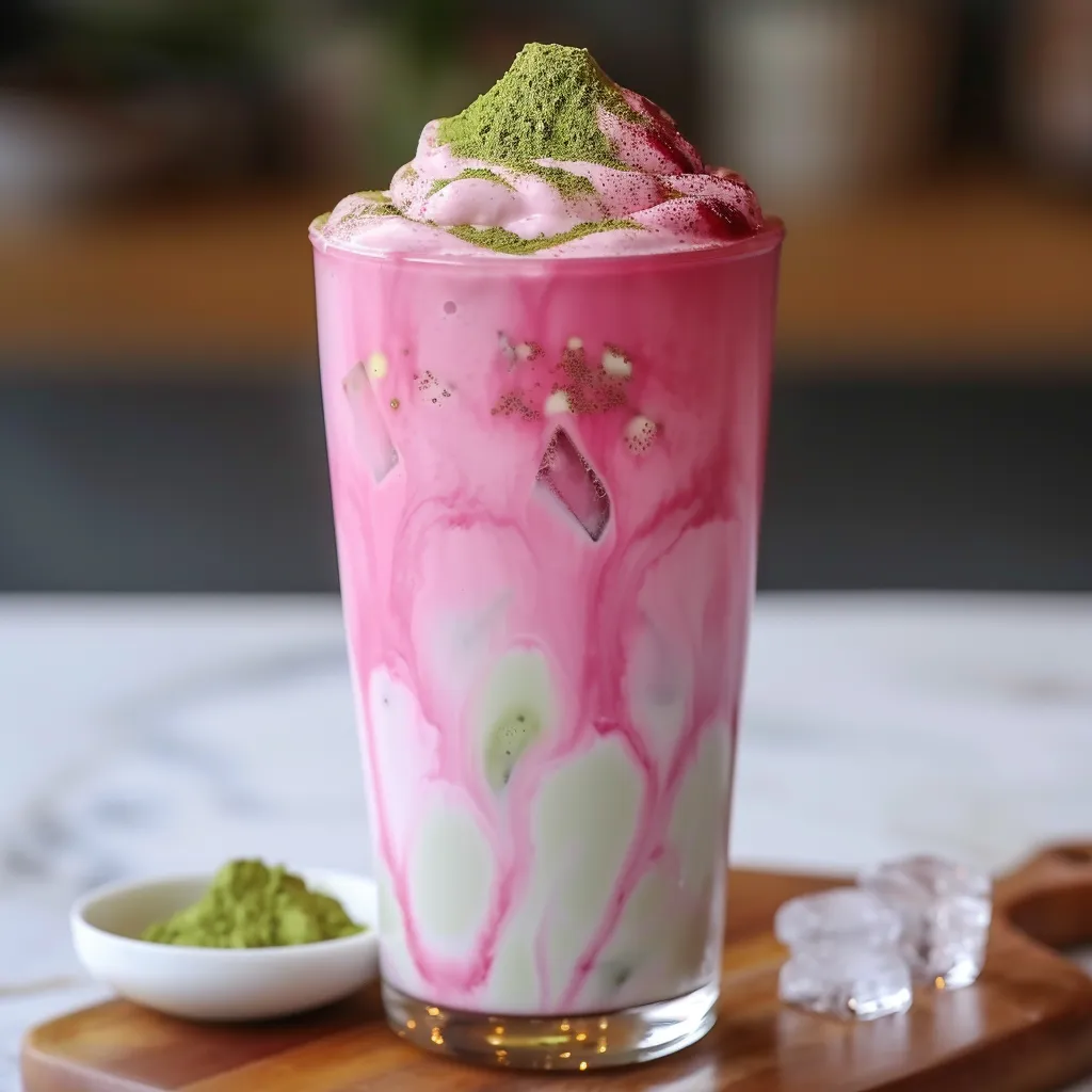 A glass of pink drink with green toppings.