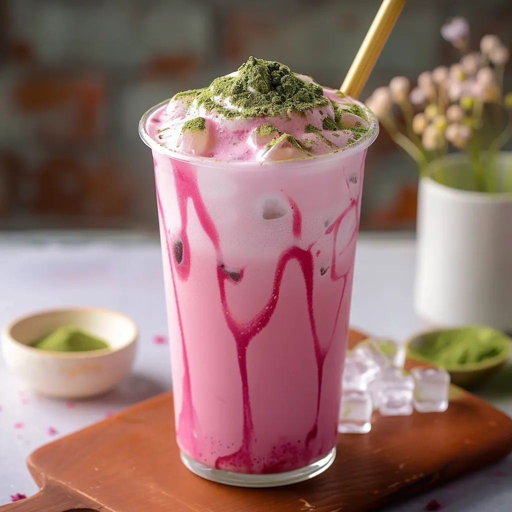A pink drink with green toppings.