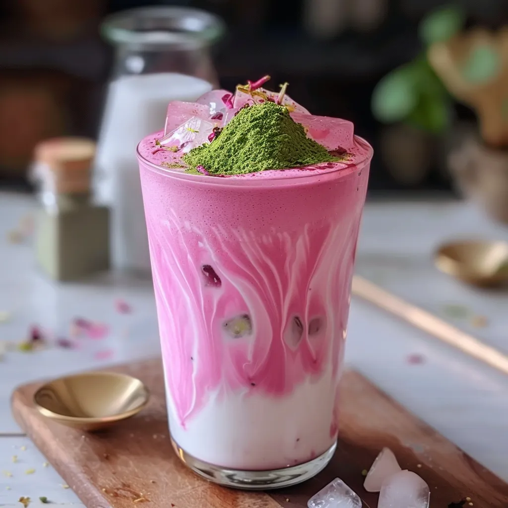 A glass of pink drink with a green garnish.