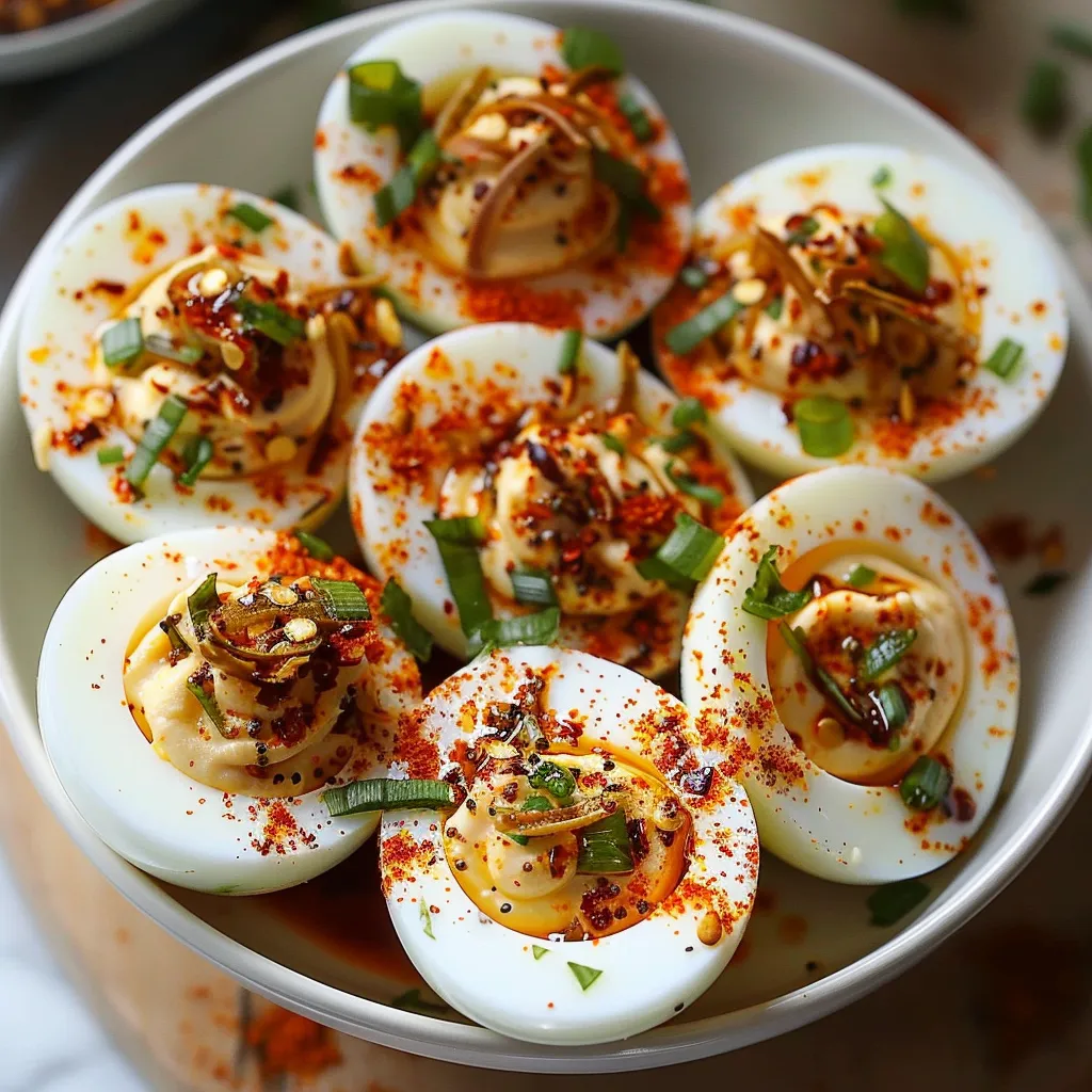 A bowl of deviled eggs with a spoon in it.