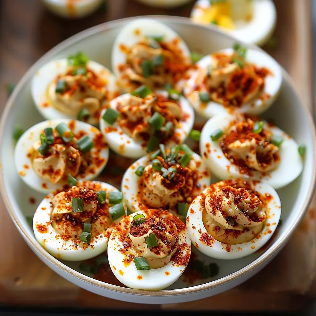 A bowl of deviled eggs with a spoon.