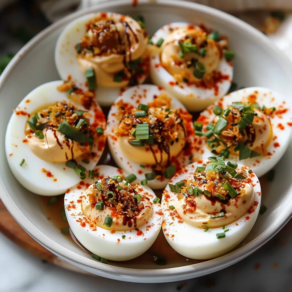 A bowl of eggs with sauce.