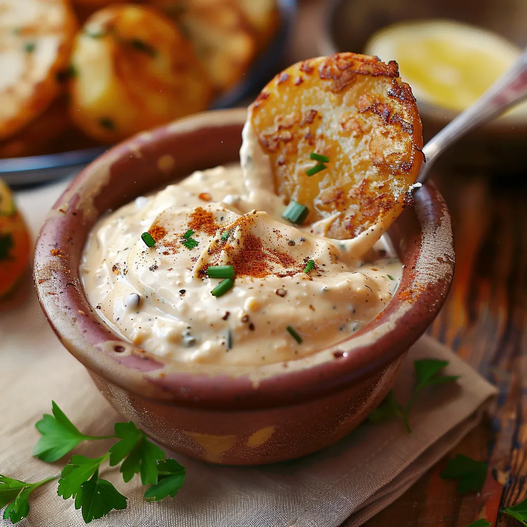 A bowl of dip with a spoon in it.