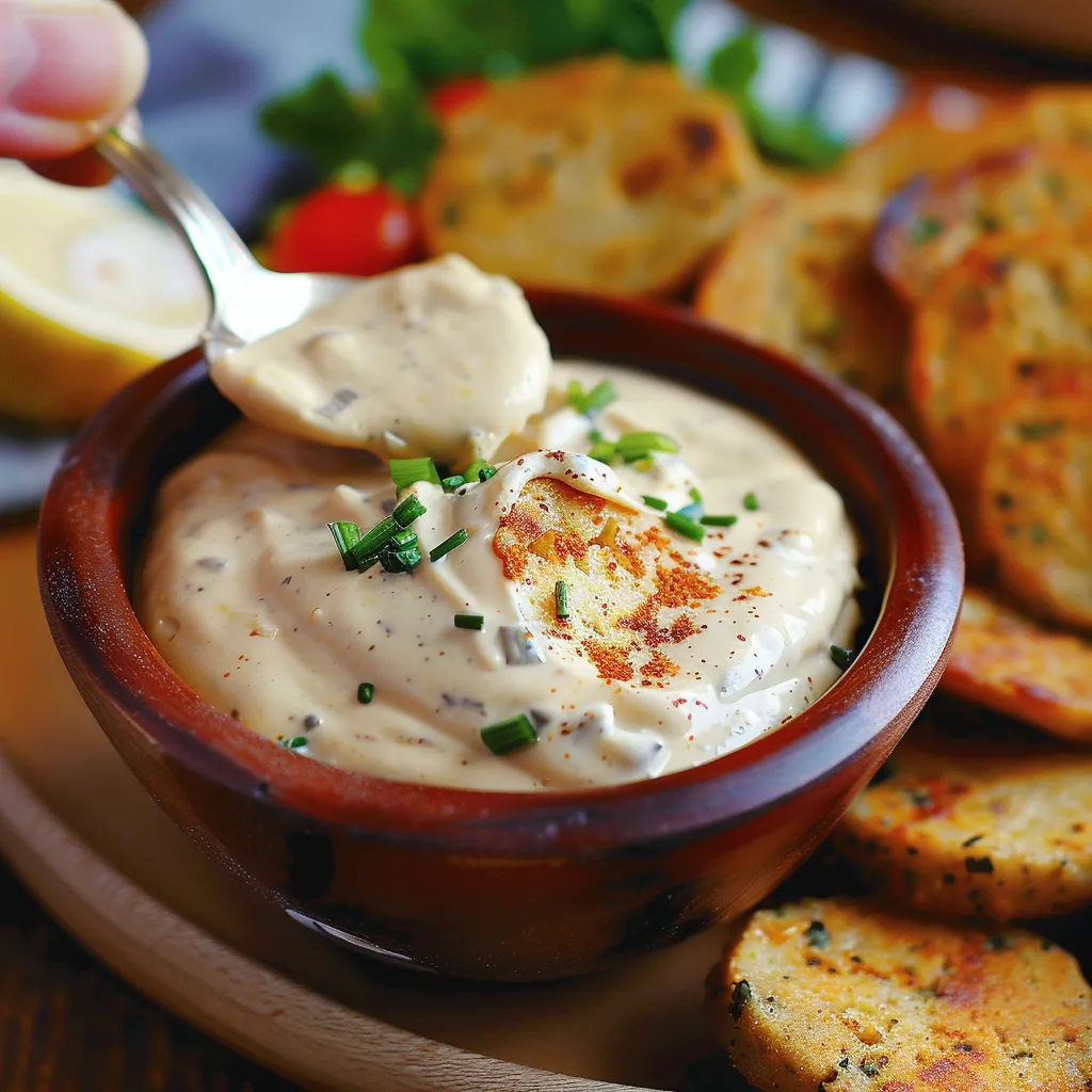 A spoon is in a bowl of dip.
