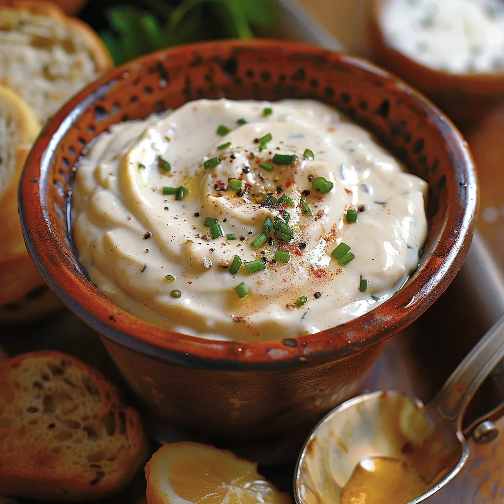 A bowl of dip with a spoon in it.