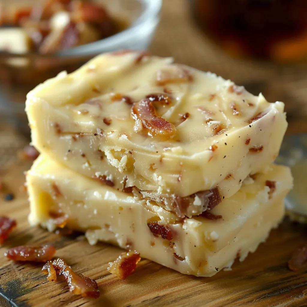 Bacon and cheese on a wooden table.