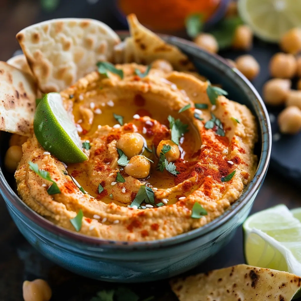 A bowl of hummus with chickpeas and lime wedges.