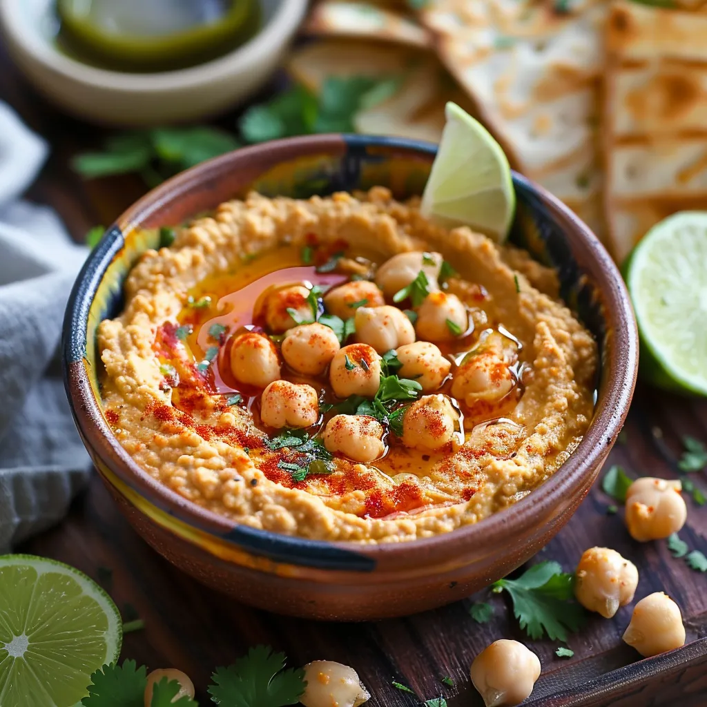 A bowl of hummus with chickpeas and lime wedges.