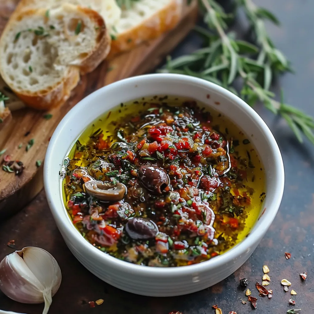 A bowl of red sauce with bread and herbs.