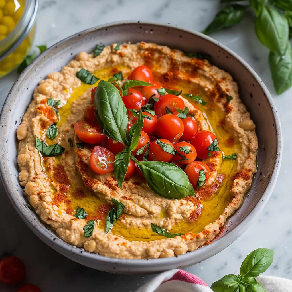 A bowl of hummus with tomatoes and basil.