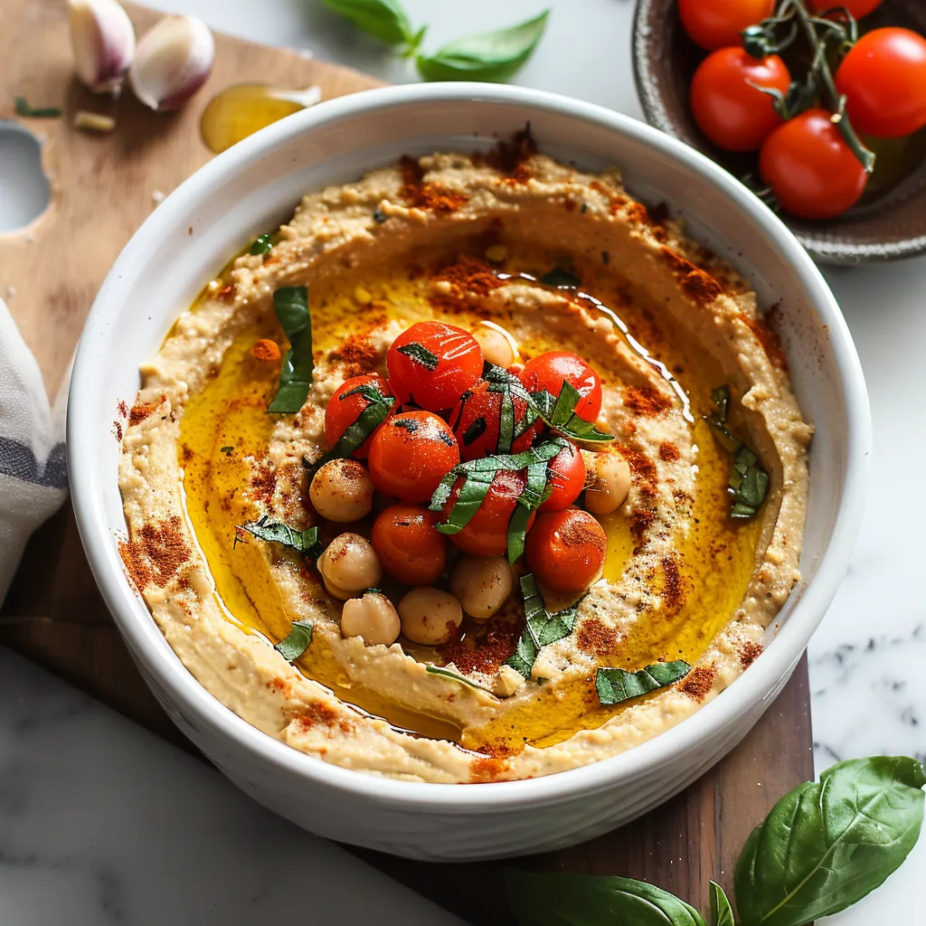 A white bowl filled with hummus and tomatoes.