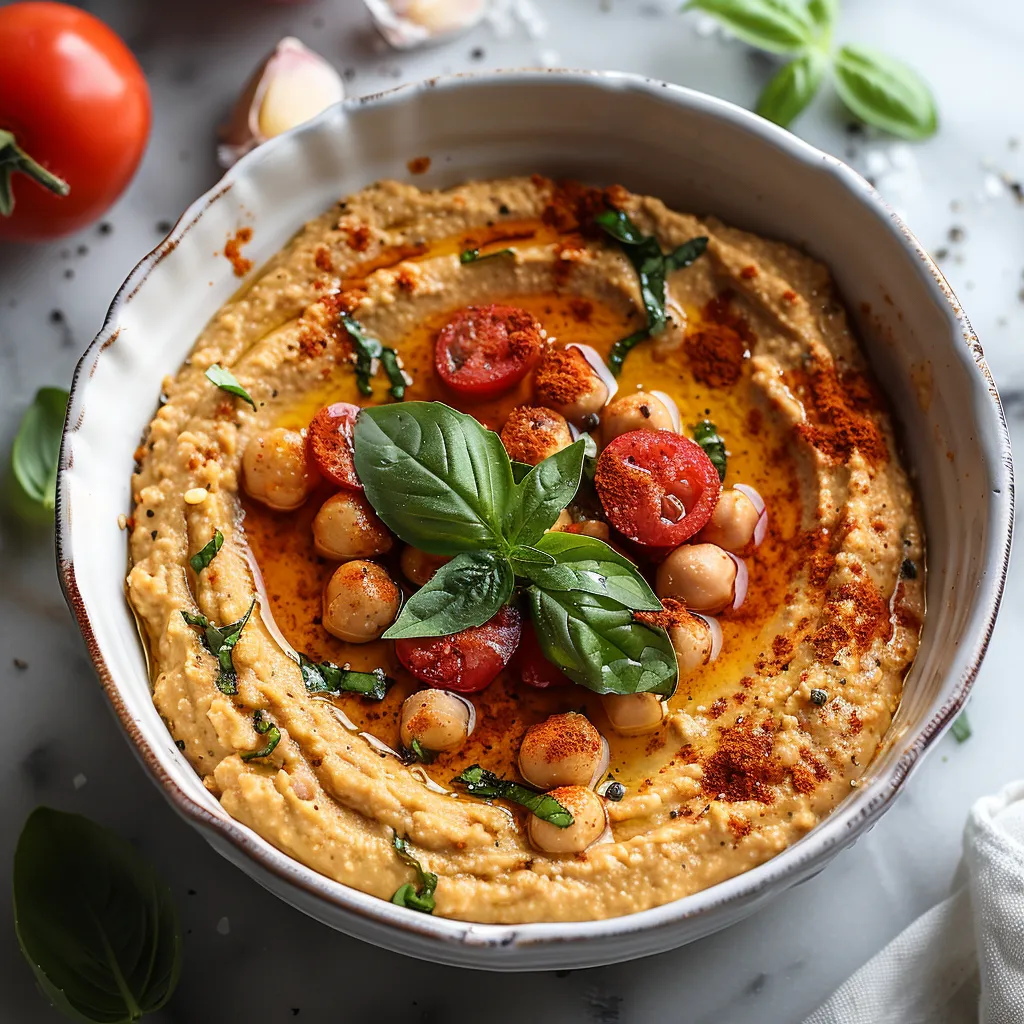 A bowl of hummus with tomatoes and basil.