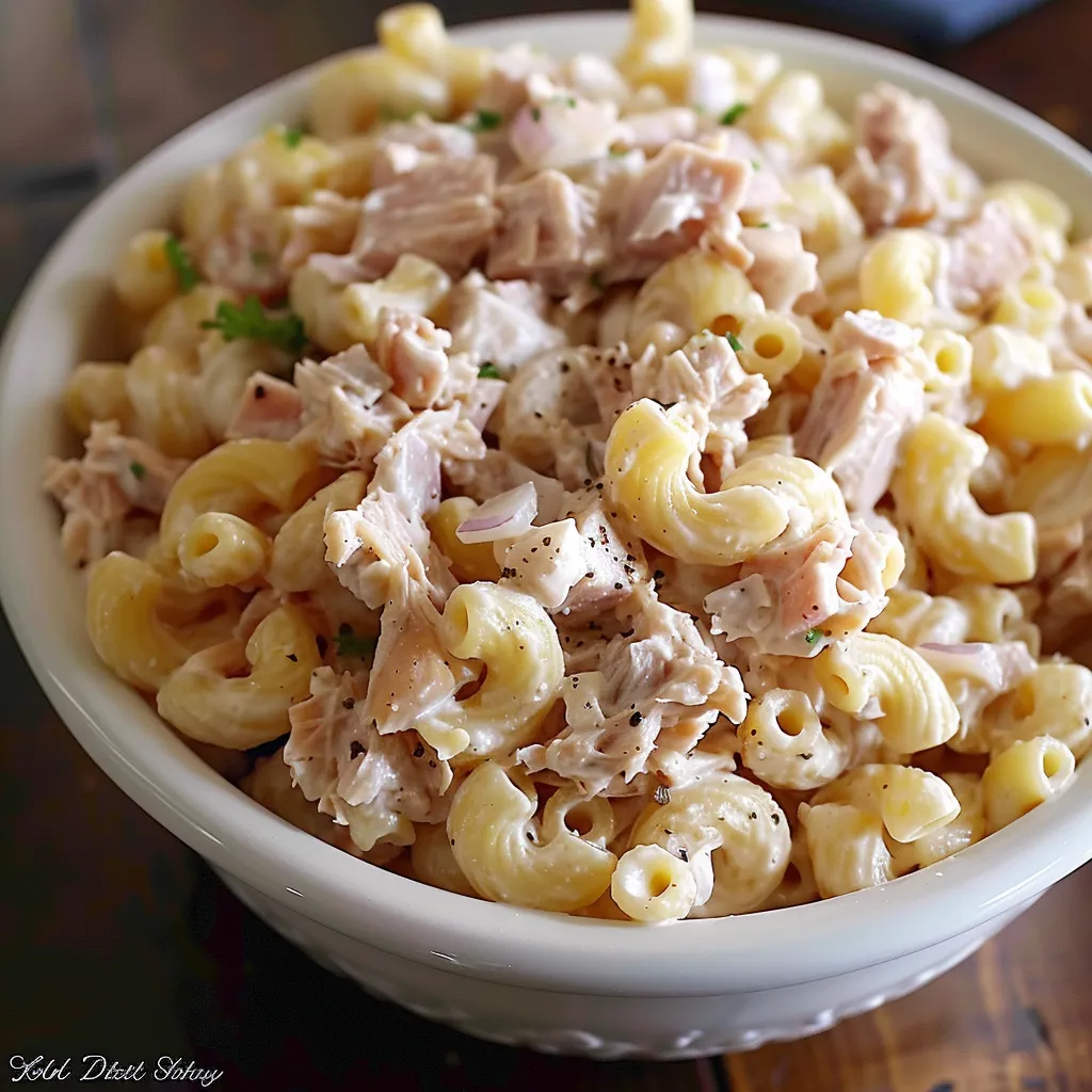 A bowl of macaroni and cheese with chicken.