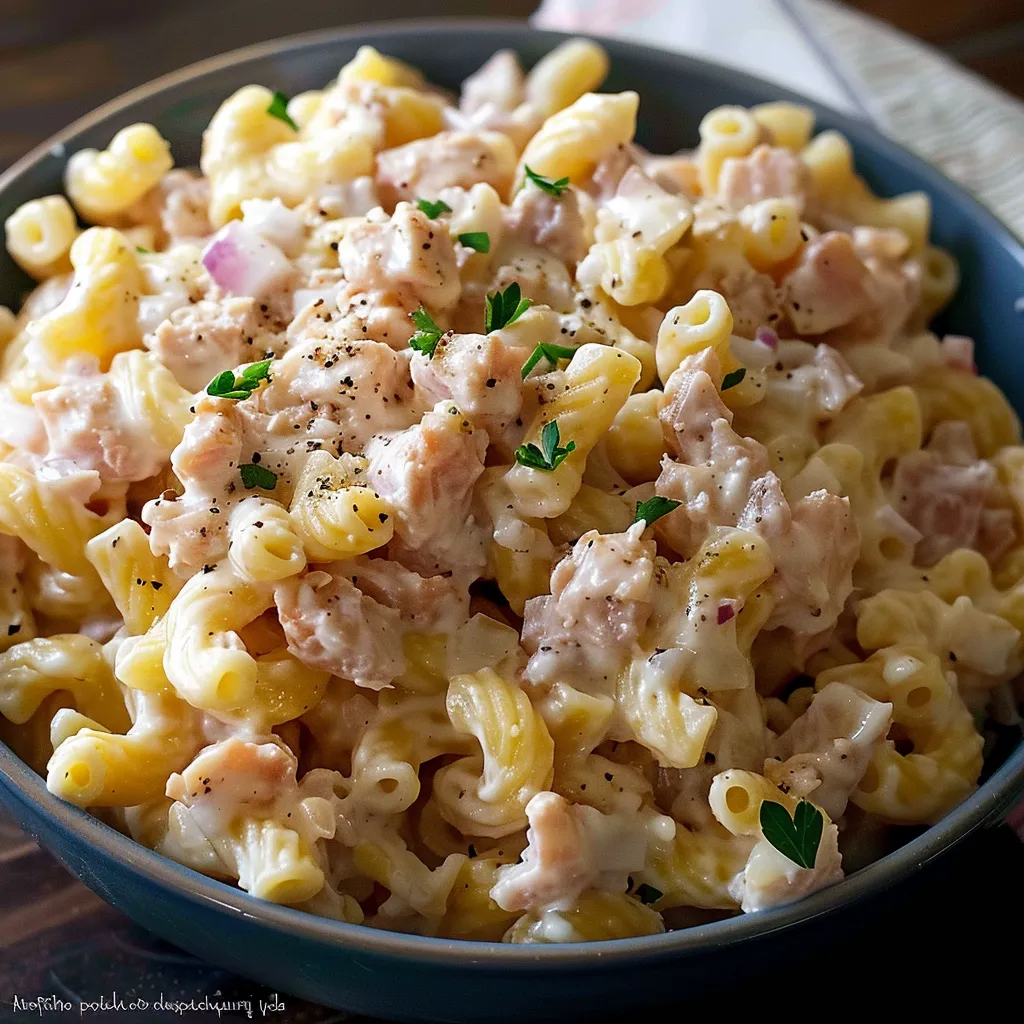 A bowl of macaroni and cheese with chicken.