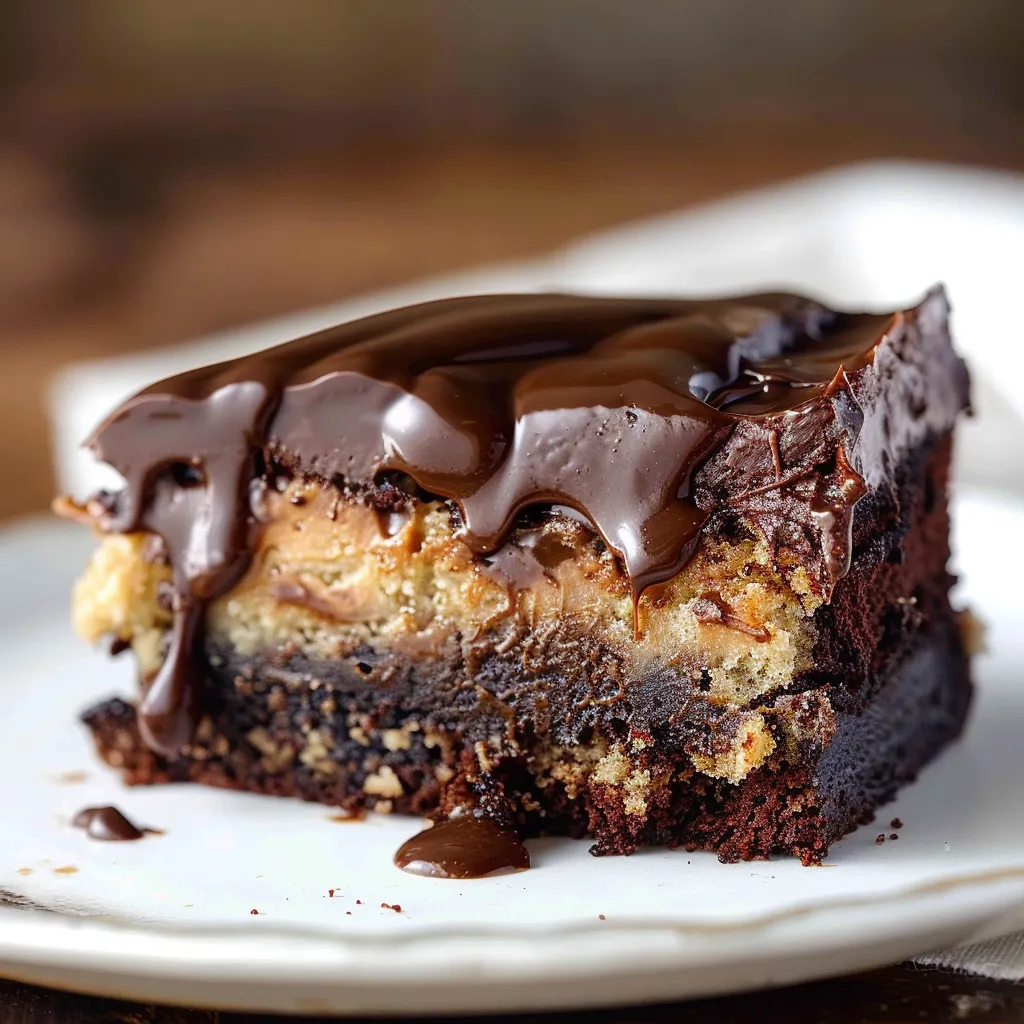 A slice of chocolate cake with chocolate drizzle.