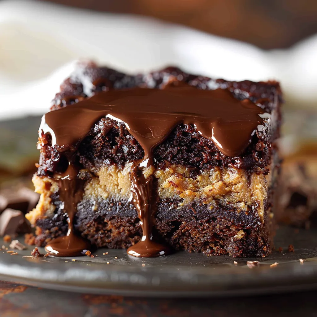 A piece of chocolate cake with chocolate drizzled on top.