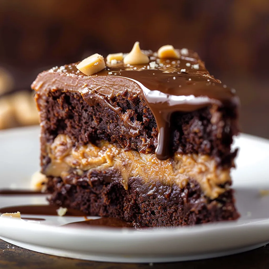 A slice of chocolate cake with peanut butter and chocolate drizzle.