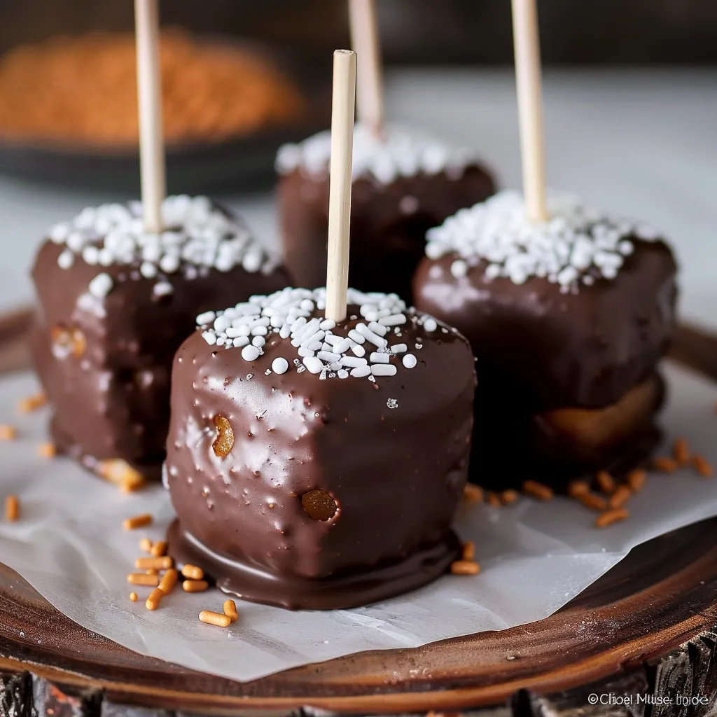 Chocolate covered marshmallows on a plate.