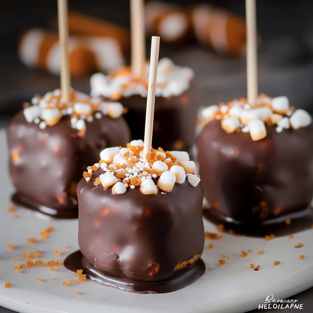 Chocolate covered marshmallows with white topping.