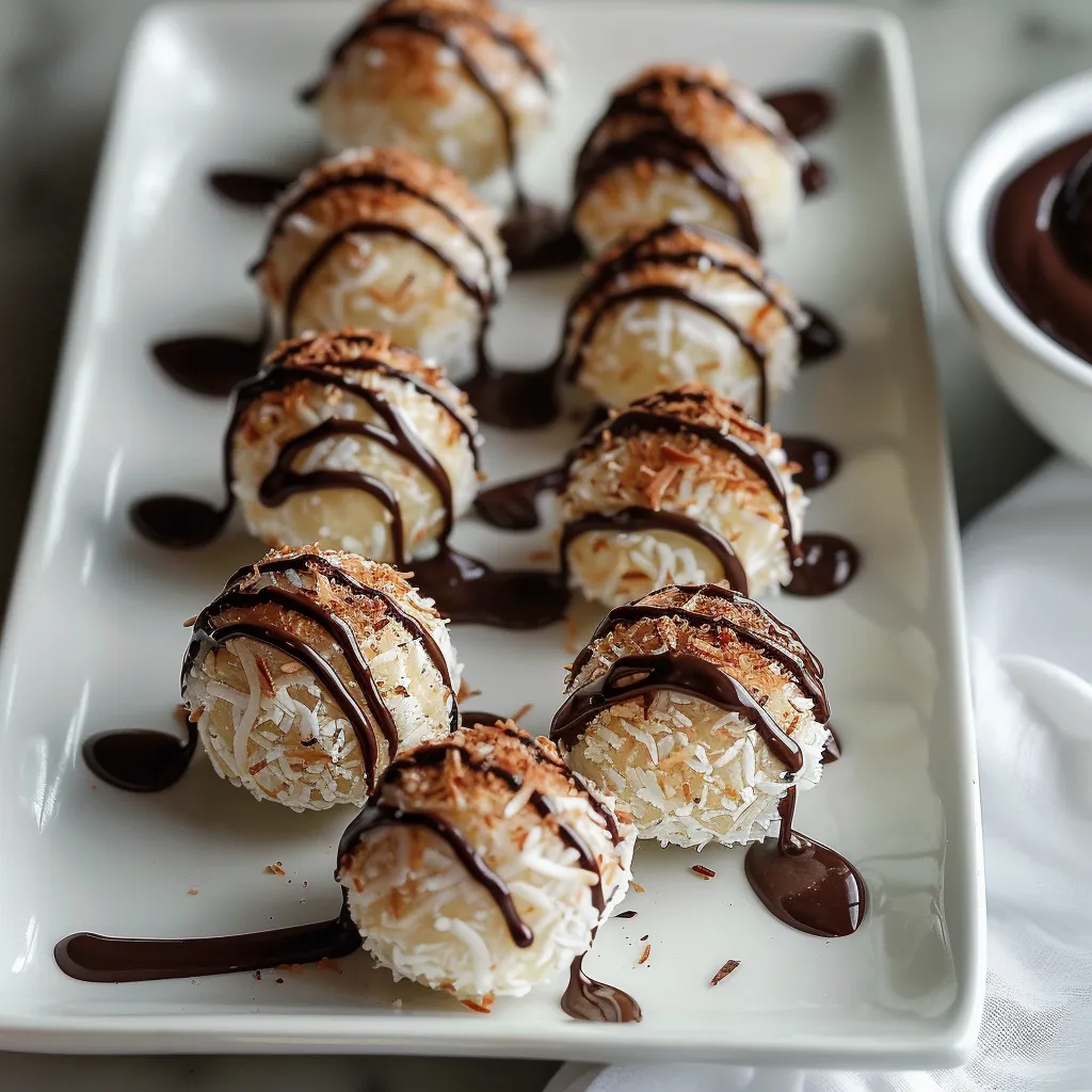 A plate of coconut balls with chocolate drizzled on top.