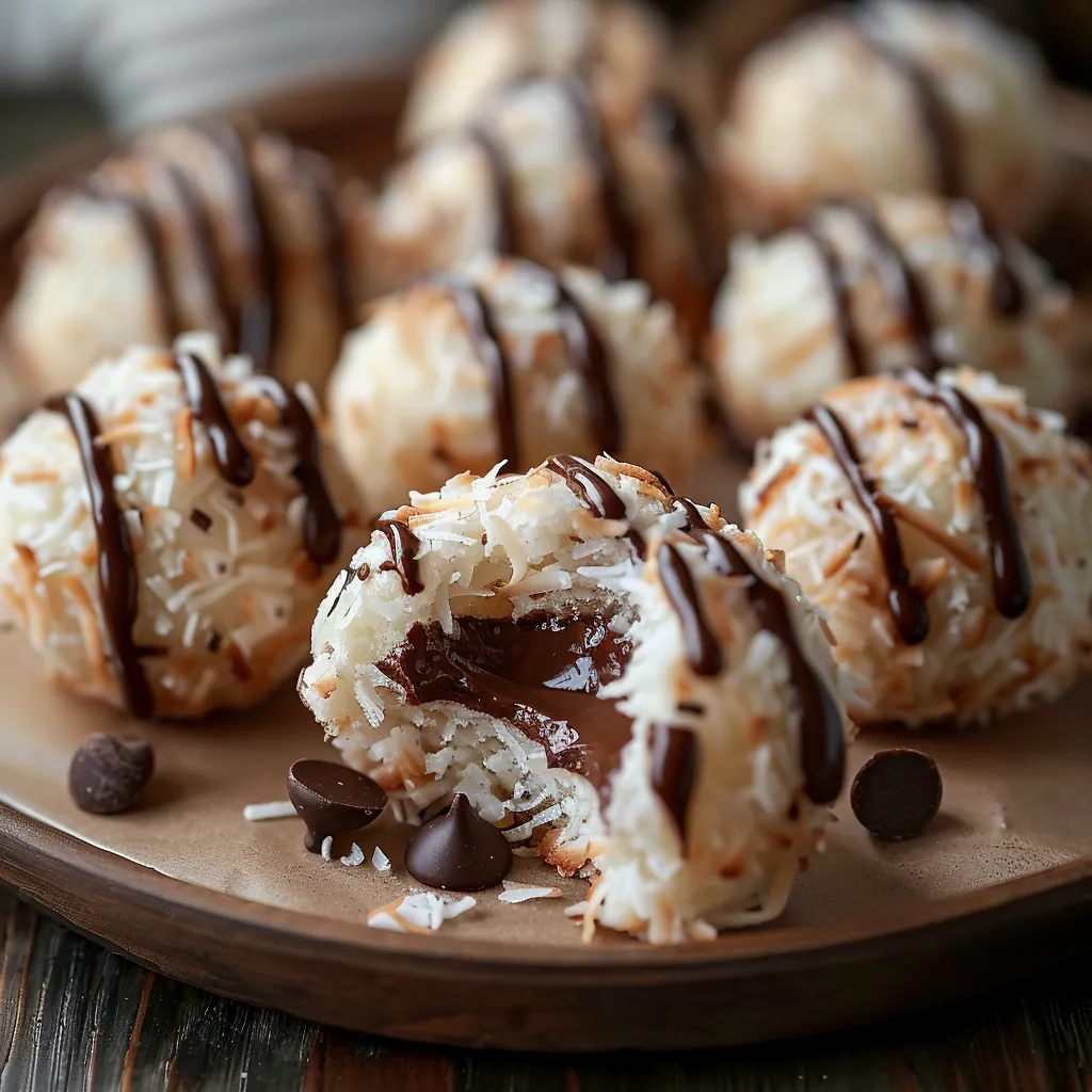 A plate of coconut balls with chocolate drizzled on top.