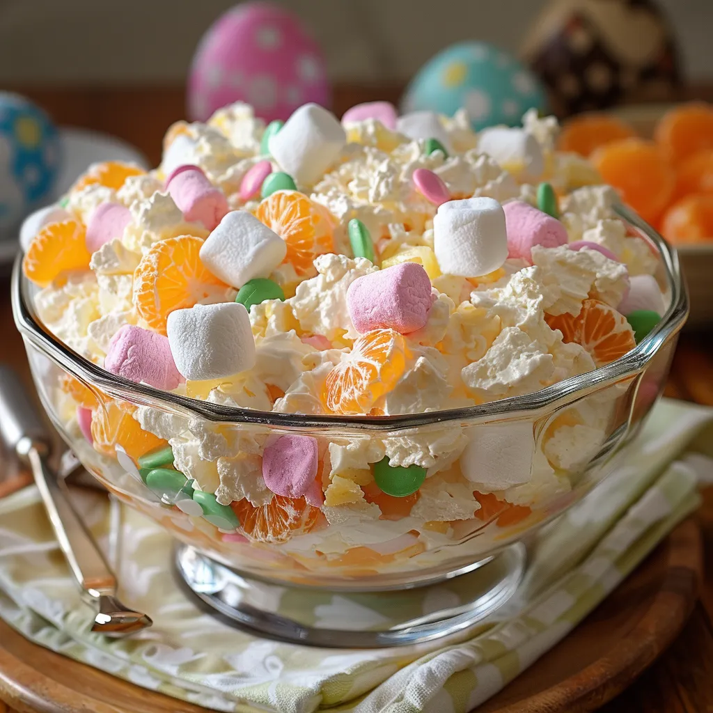 A bowl of candy with marshmallows and oranges.