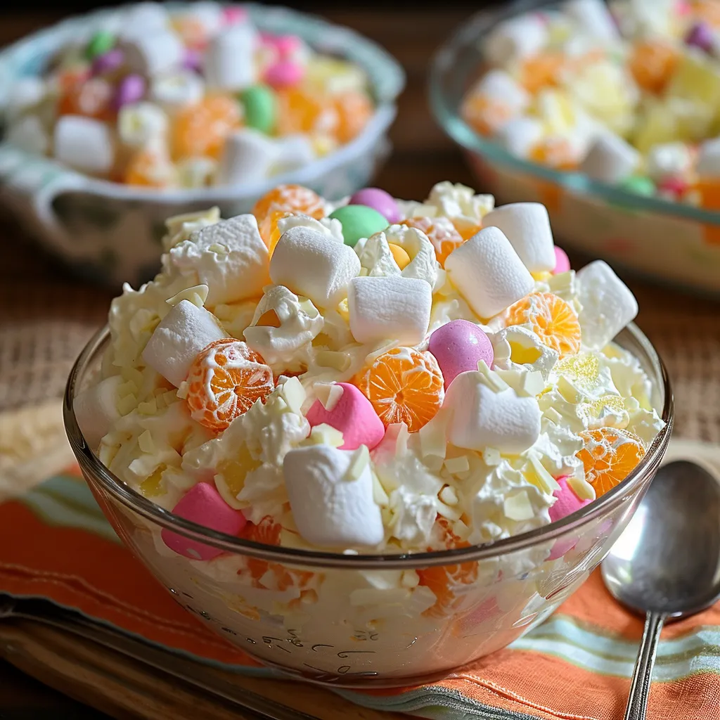 A bowl of marshmallows with a spoon in it.