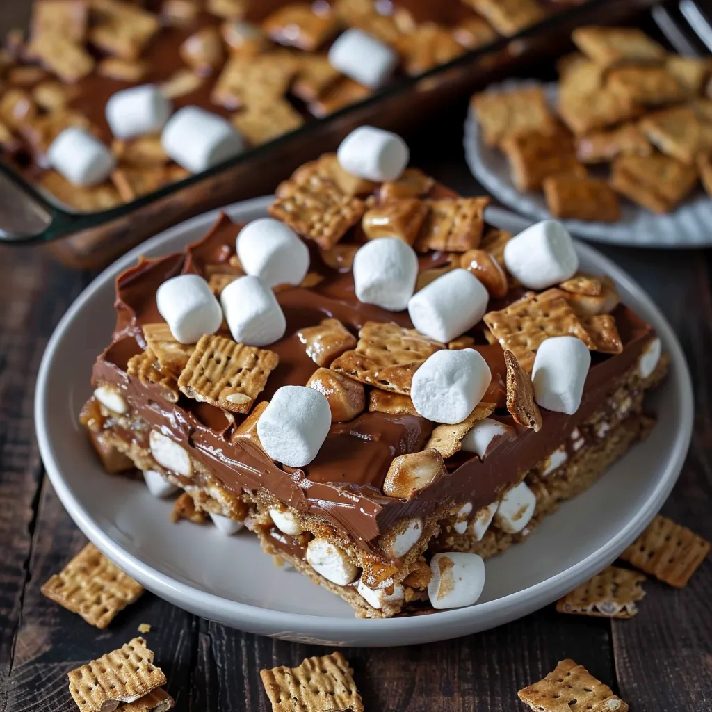 A chocolate dessert with marshmallows and crispy treats.