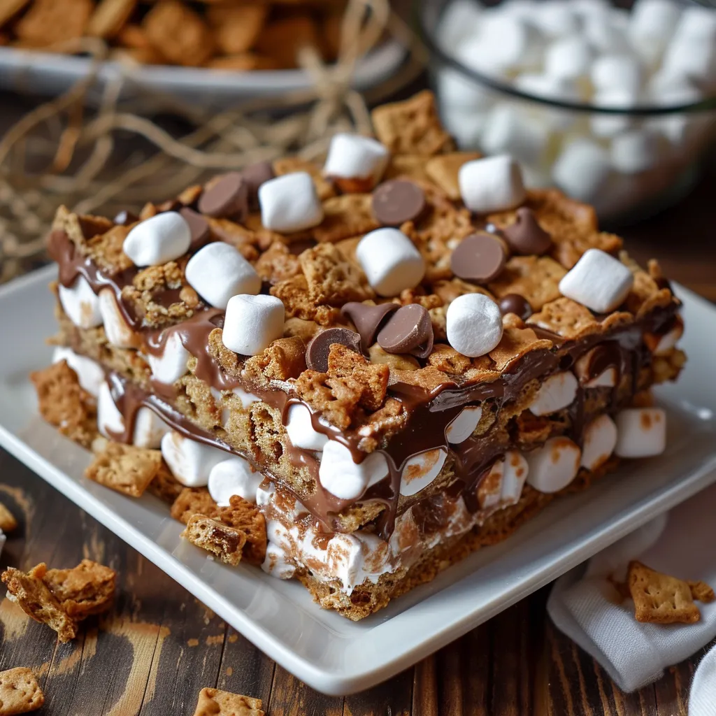 A piece of cake with marshmallows and chocolate.