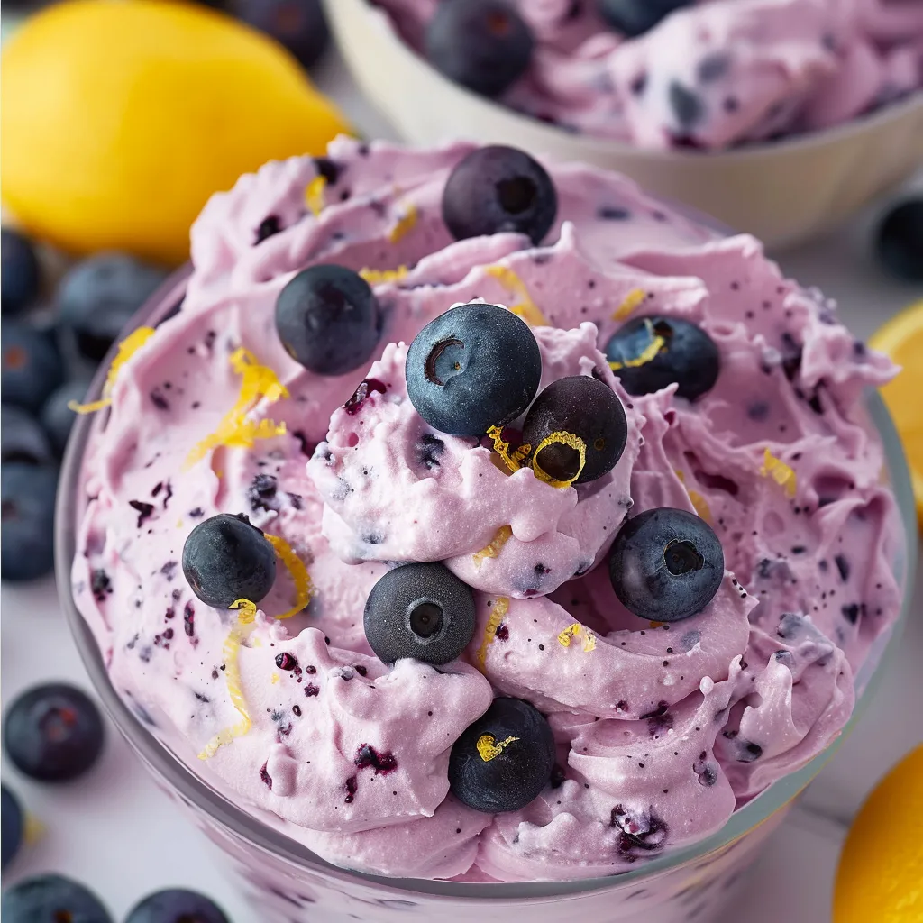 A bowl of blueberry yogurt with lemon wedges.
