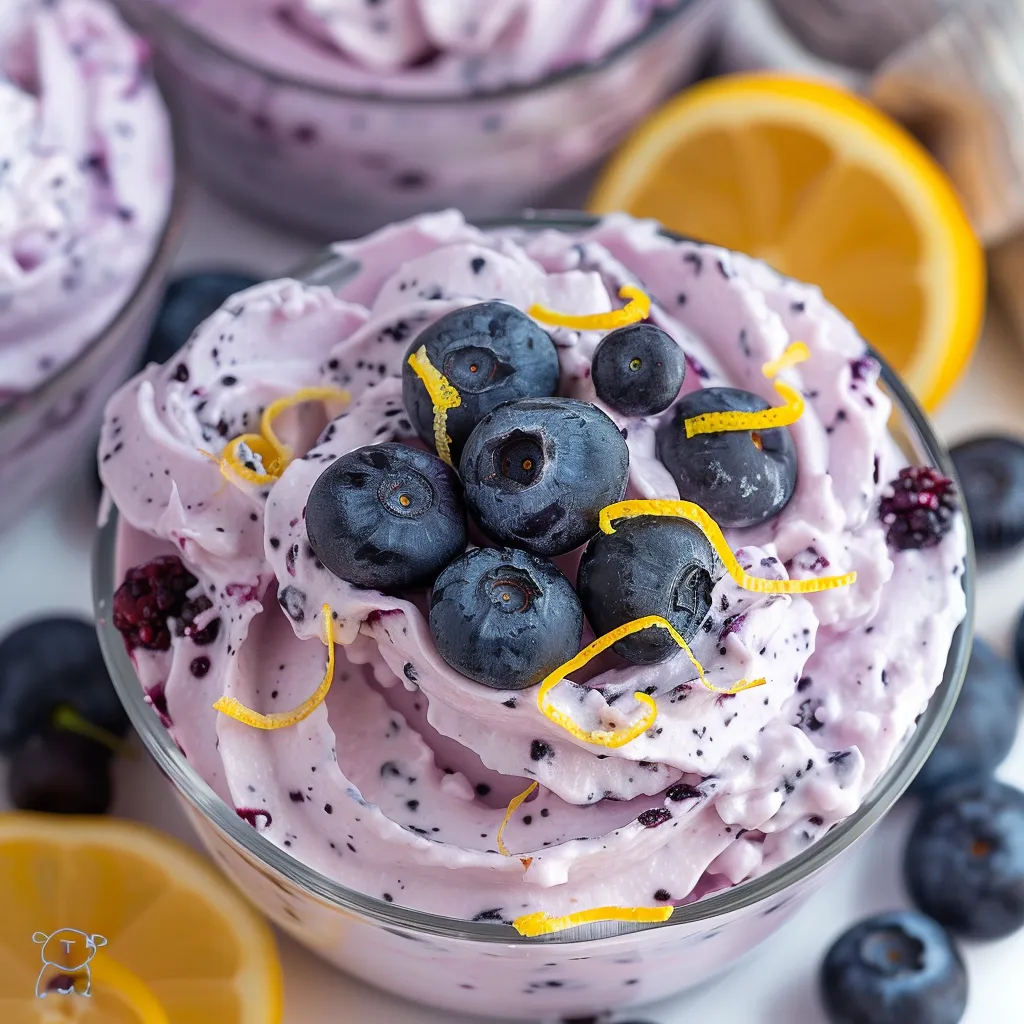 A bowl of blueberry yogurt with a lemon wedge.