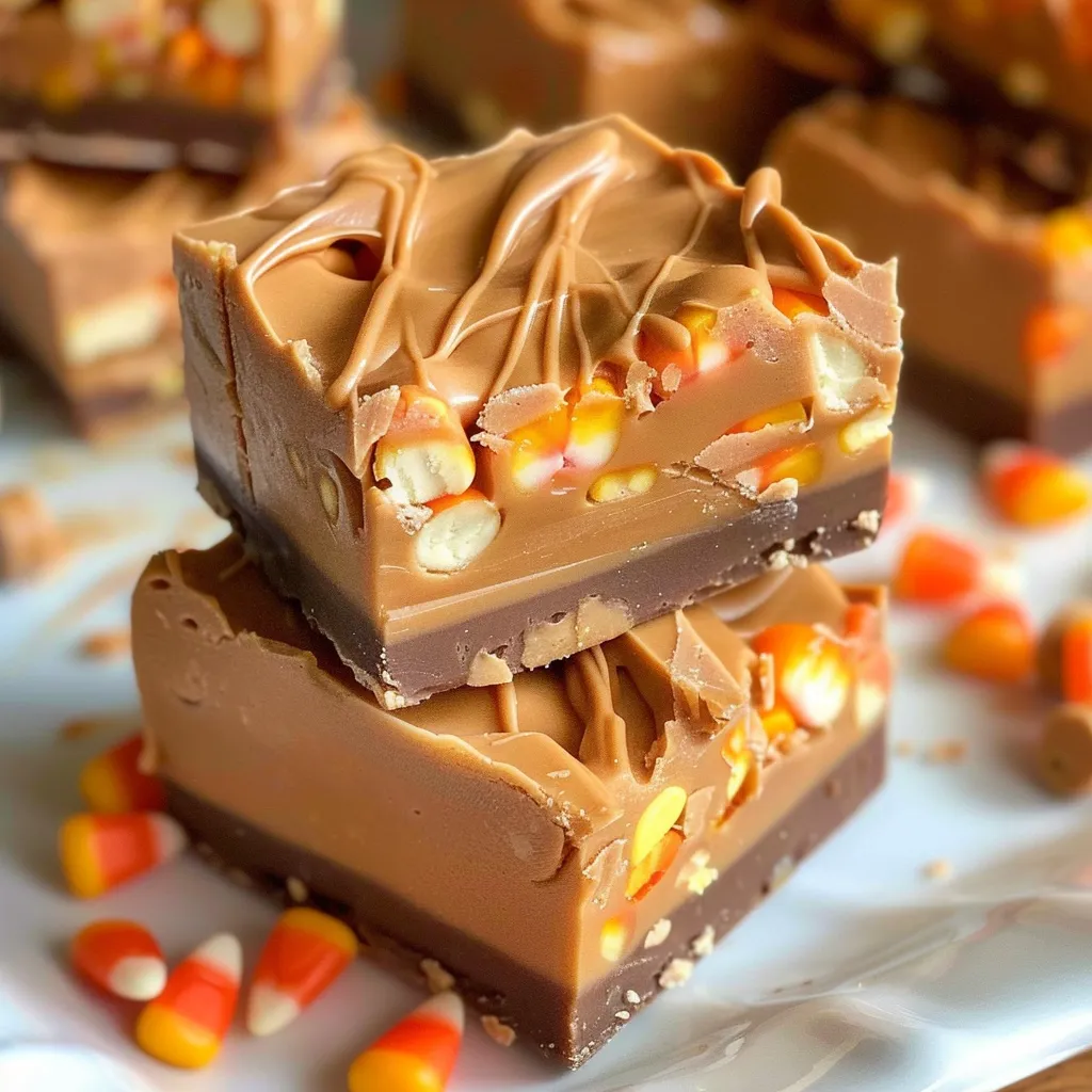 A piece of cake with caramel and candy corn toppings.
