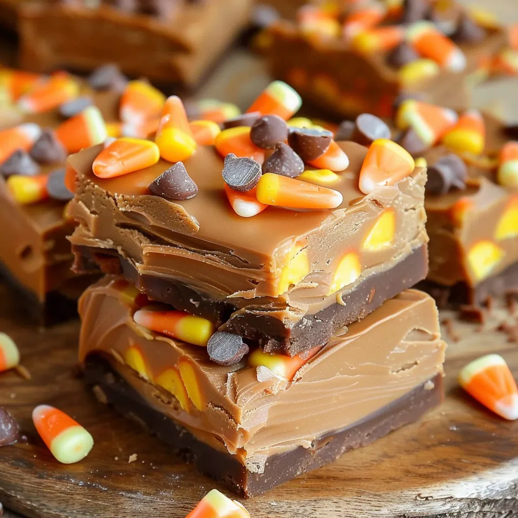 A close up of a chocolate cake with candy corn on top.