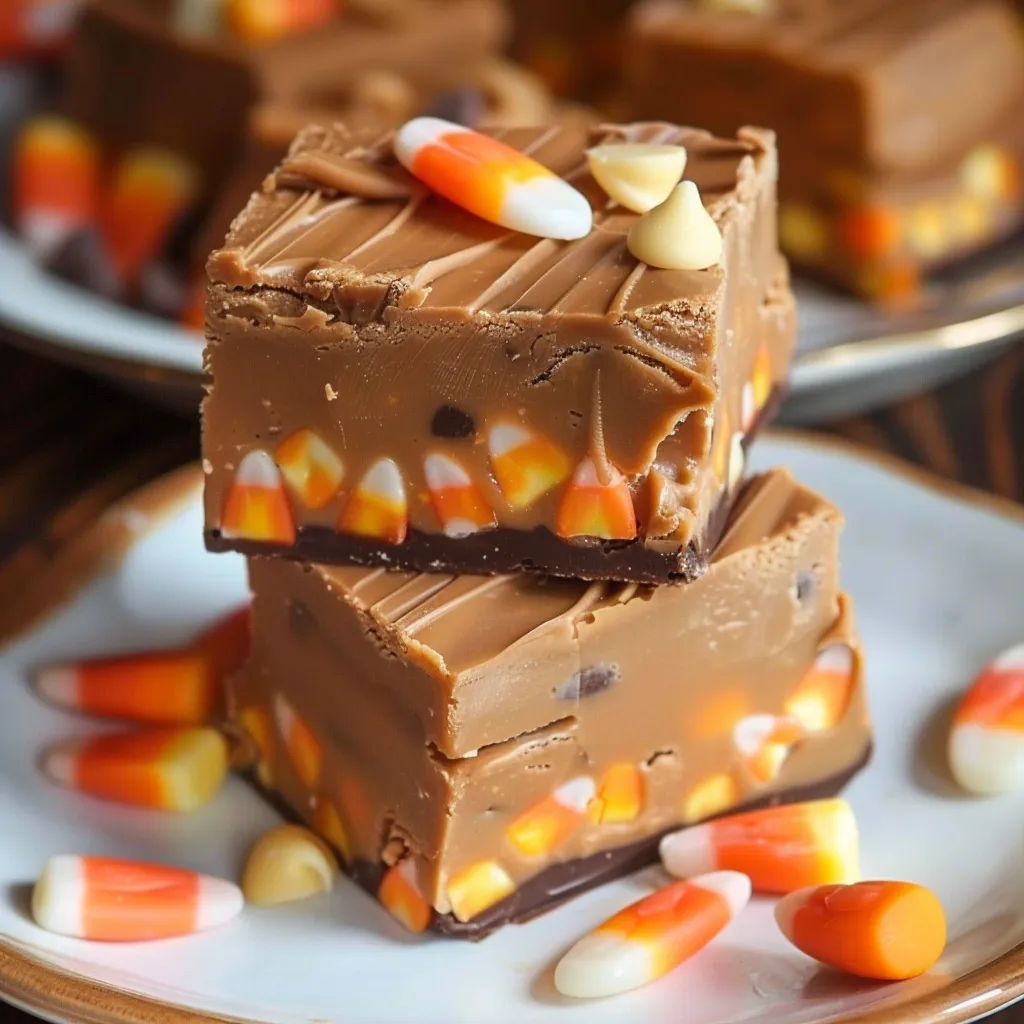 A plate of candy bars with candy corn on top.