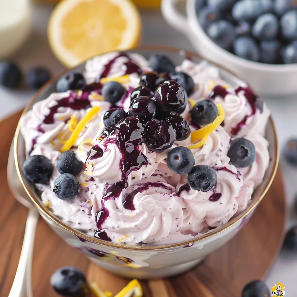 A bowl of blueberry yogurt with a lemon wedge on top.