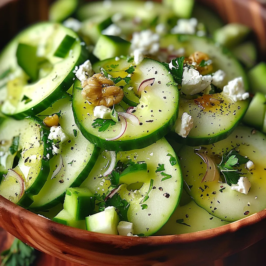 A bowl of cucumber slices with feta cheese.