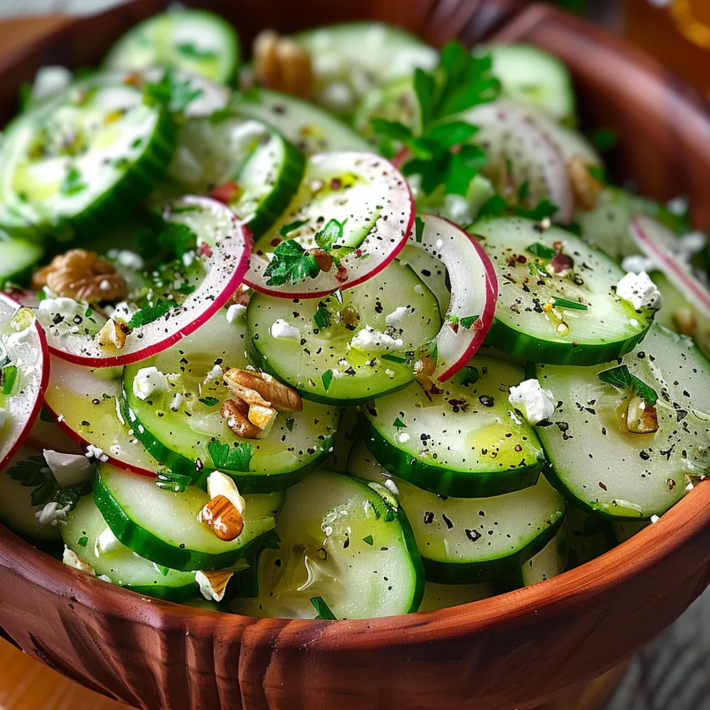 A bowl of sliced cucumbers with feta cheese.