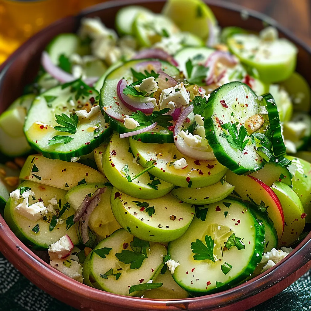 A bowl of cucumbers with feta cheese.