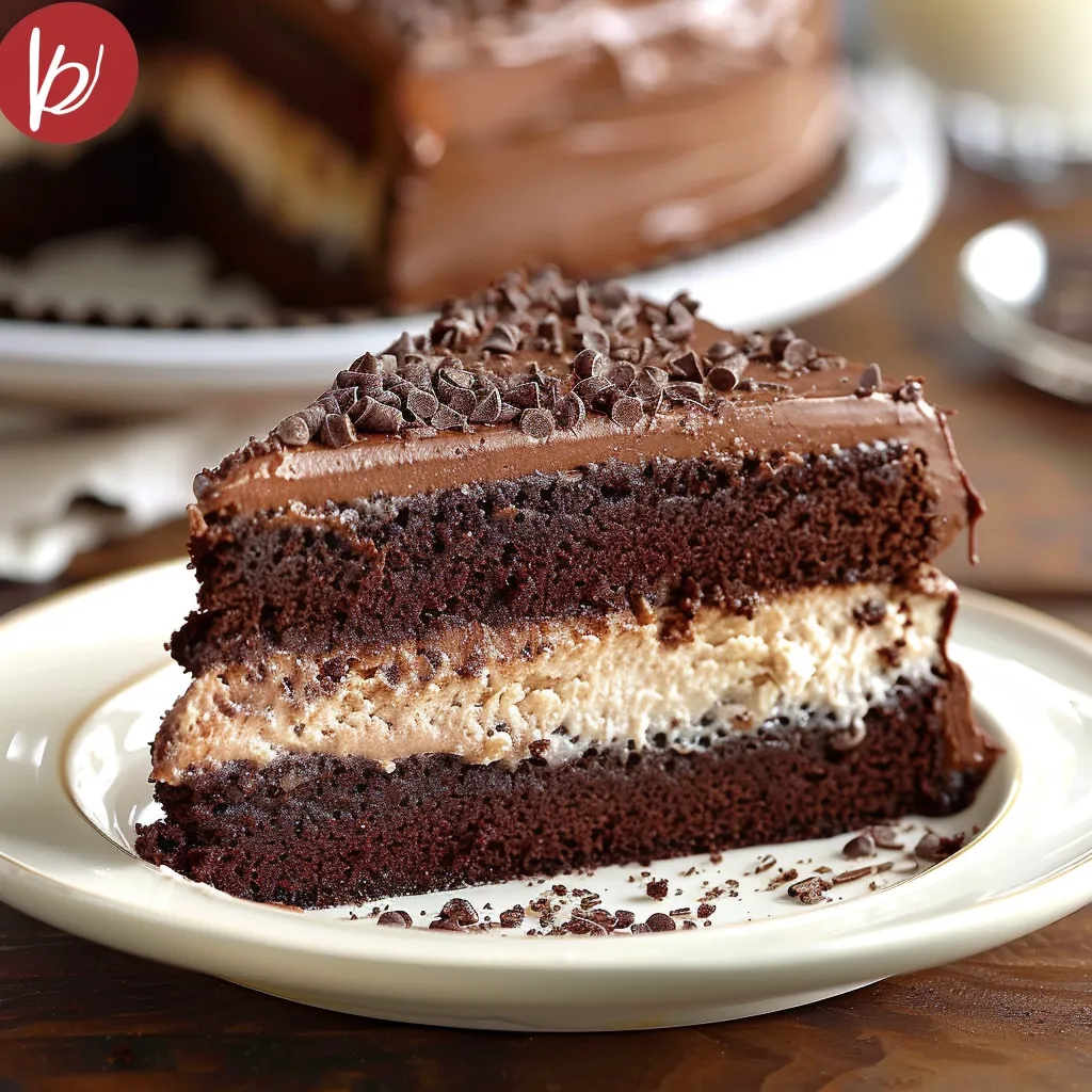 A slice of chocolate cake with chocolate chips.