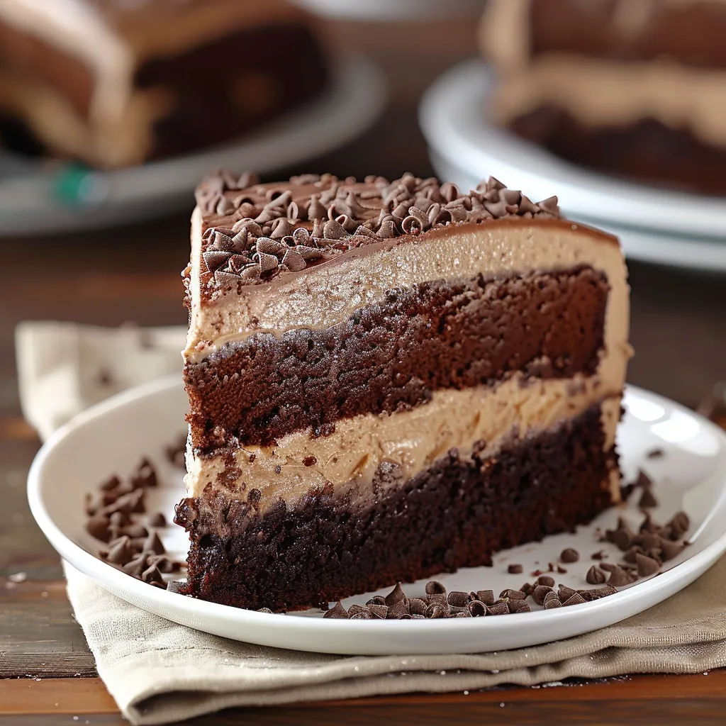 A slice of chocolate cake on a plate.