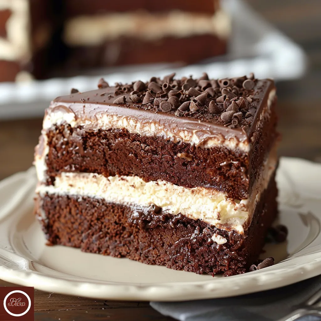 A slice of chocolate cake with chocolate chips.