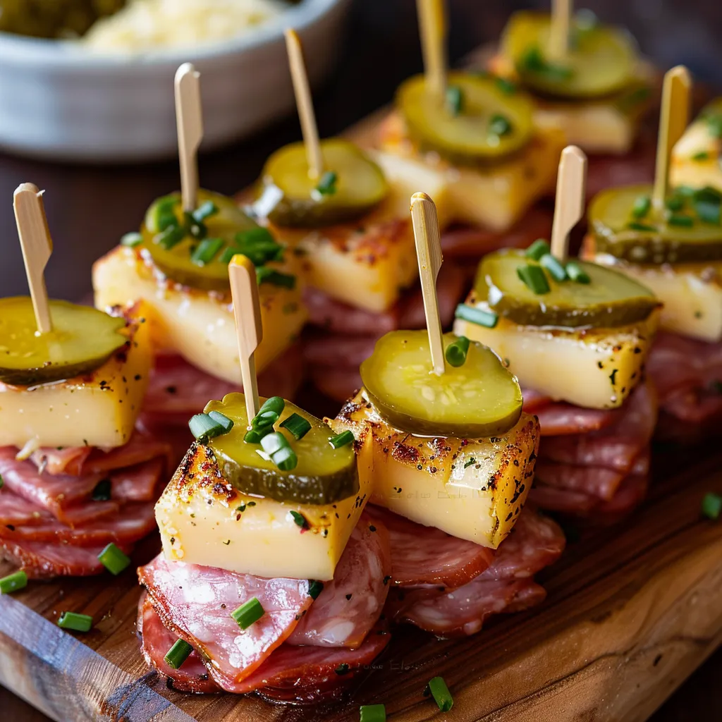 A wooden platter with a variety of food items, including ham, cheese, and pickles.